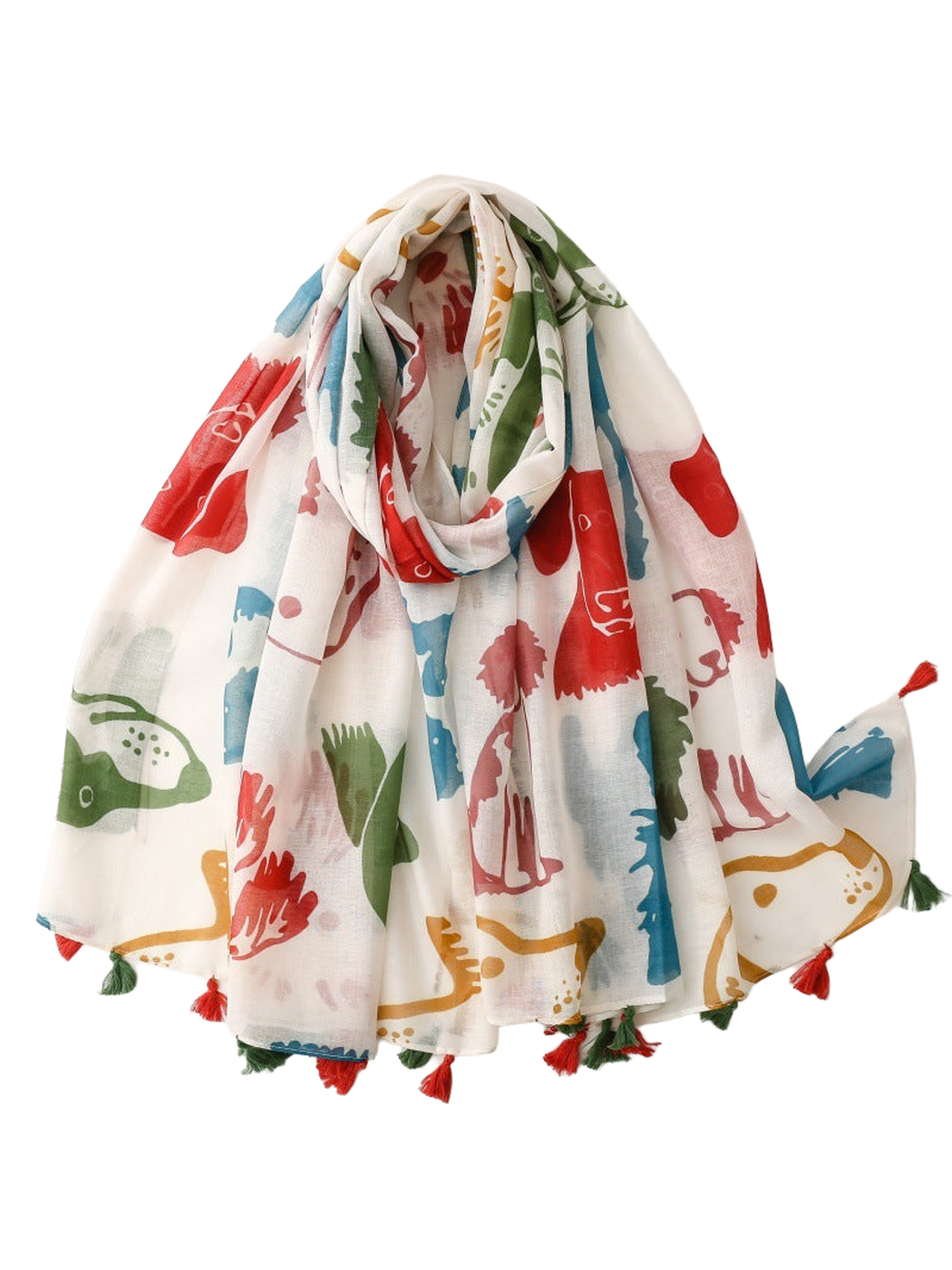 Multicolor dog-print scarf draped with red and green tassel trim