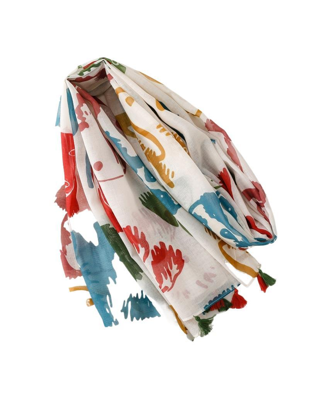 Multicolor dog-print scarf arranged in a loose drape