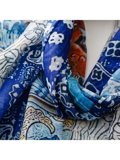 Close-up of layered blue floral and paisley sections of the scarf