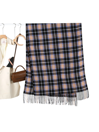 Black plaid rectangular scarf with fringed ends, full view