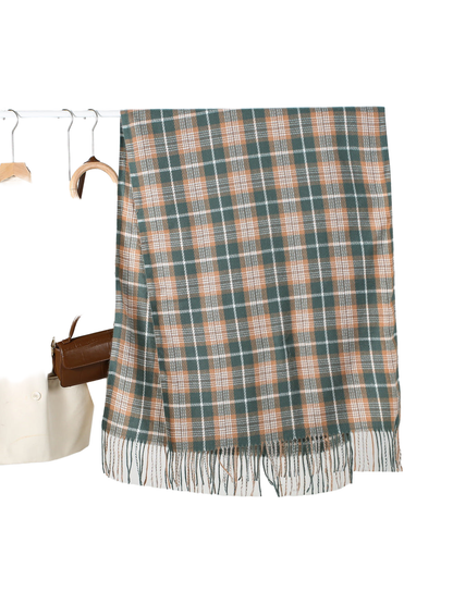 Green and tan plaid rectangular scarf with fringed ends, full view