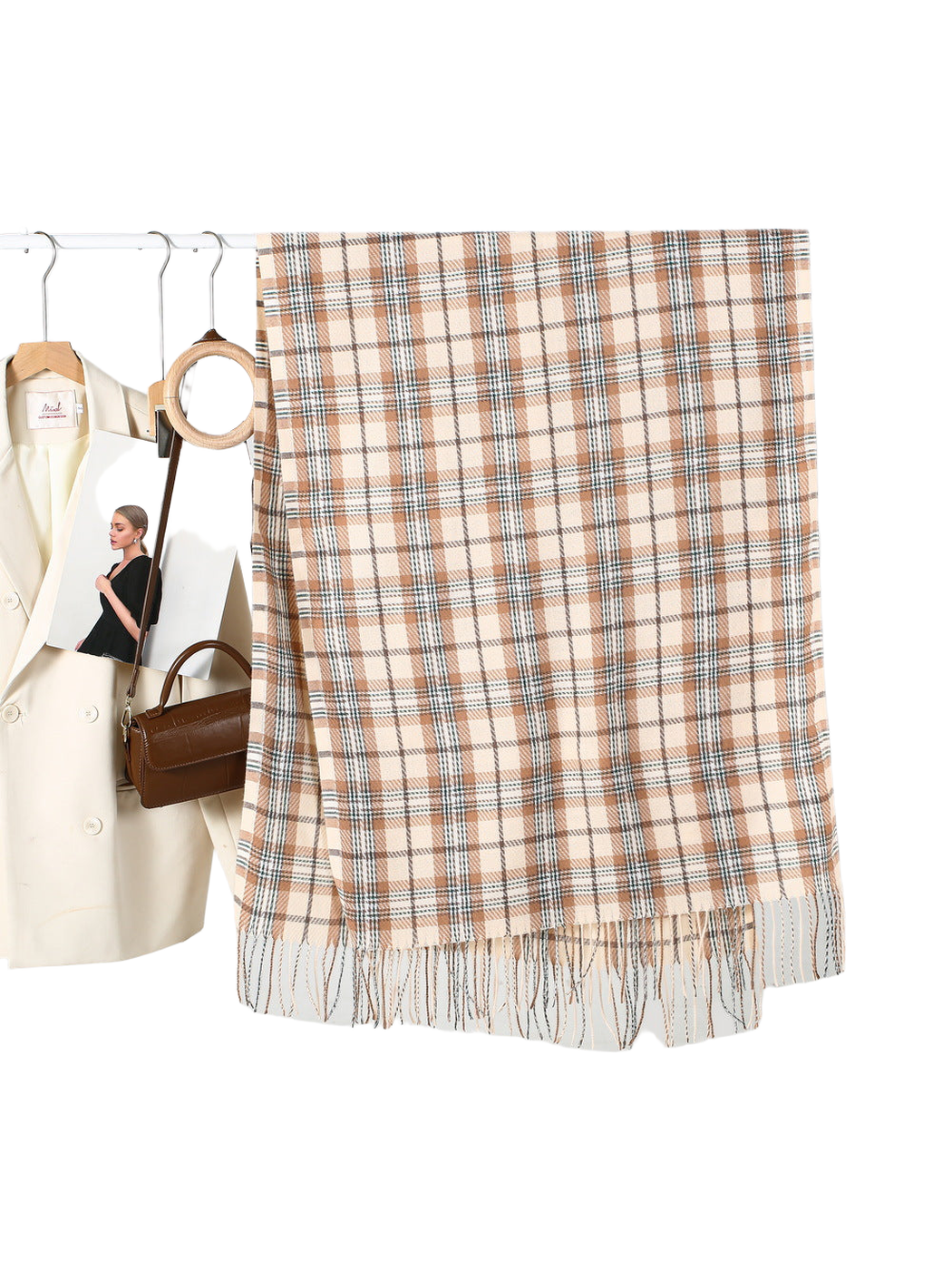Beige and tan plaid rectangular scarf with fringed ends, full view