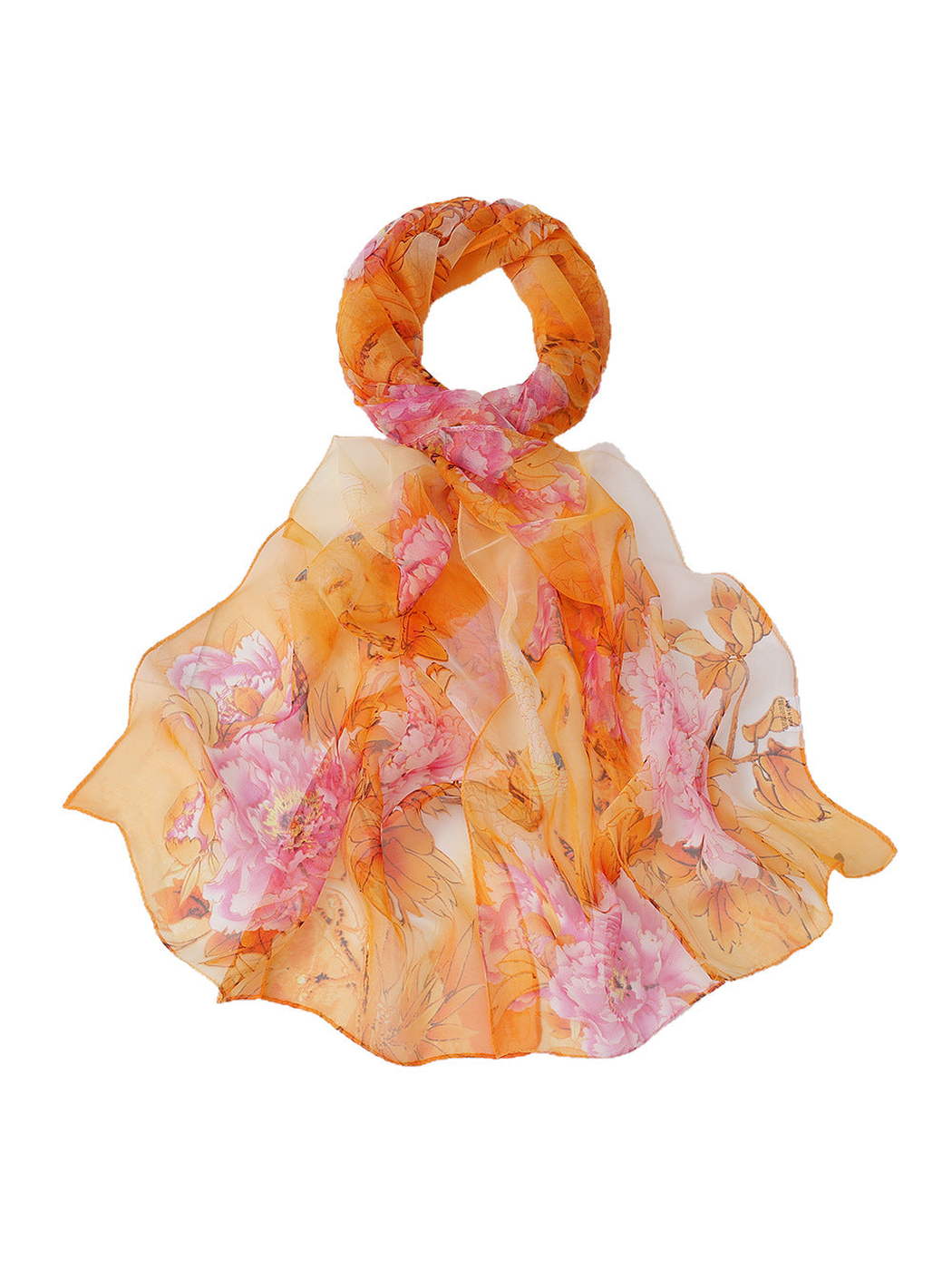 Orange sheer scarf with pink floral and koi fish motifs