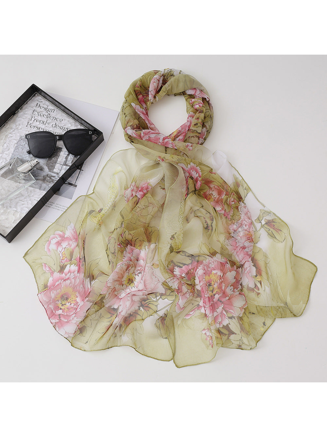 Khaki sheer scarf with pink floral and koi fish motifs