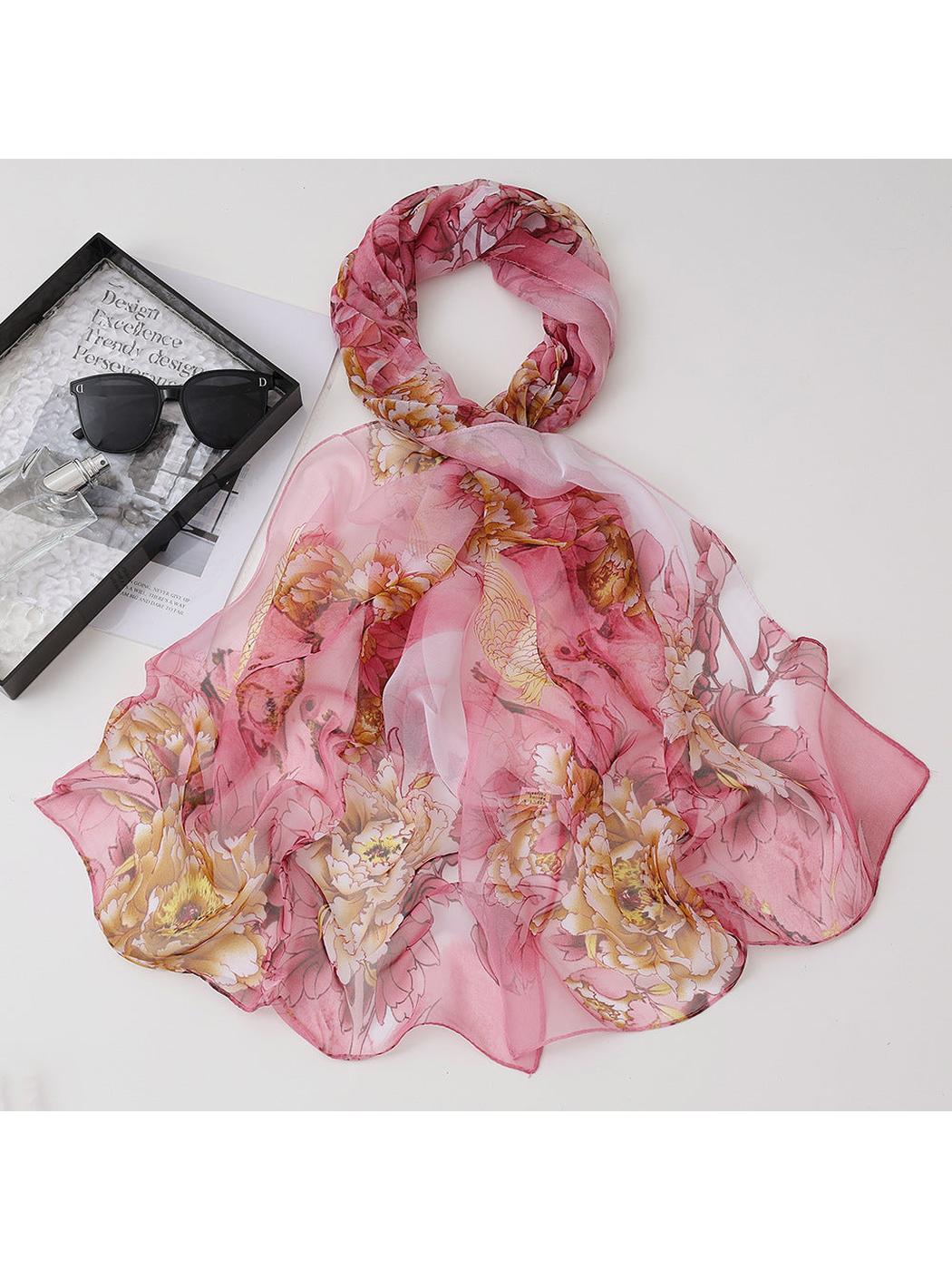 Pink sheer scarf with floral and koi fish motifs
