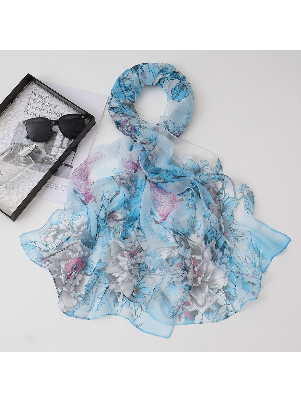 Light blue sheer scarf with gray flowers and koi fish motifs