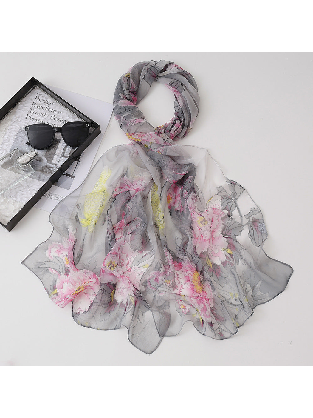 Gray sheer scarf with pink flowers and koi fish motifs