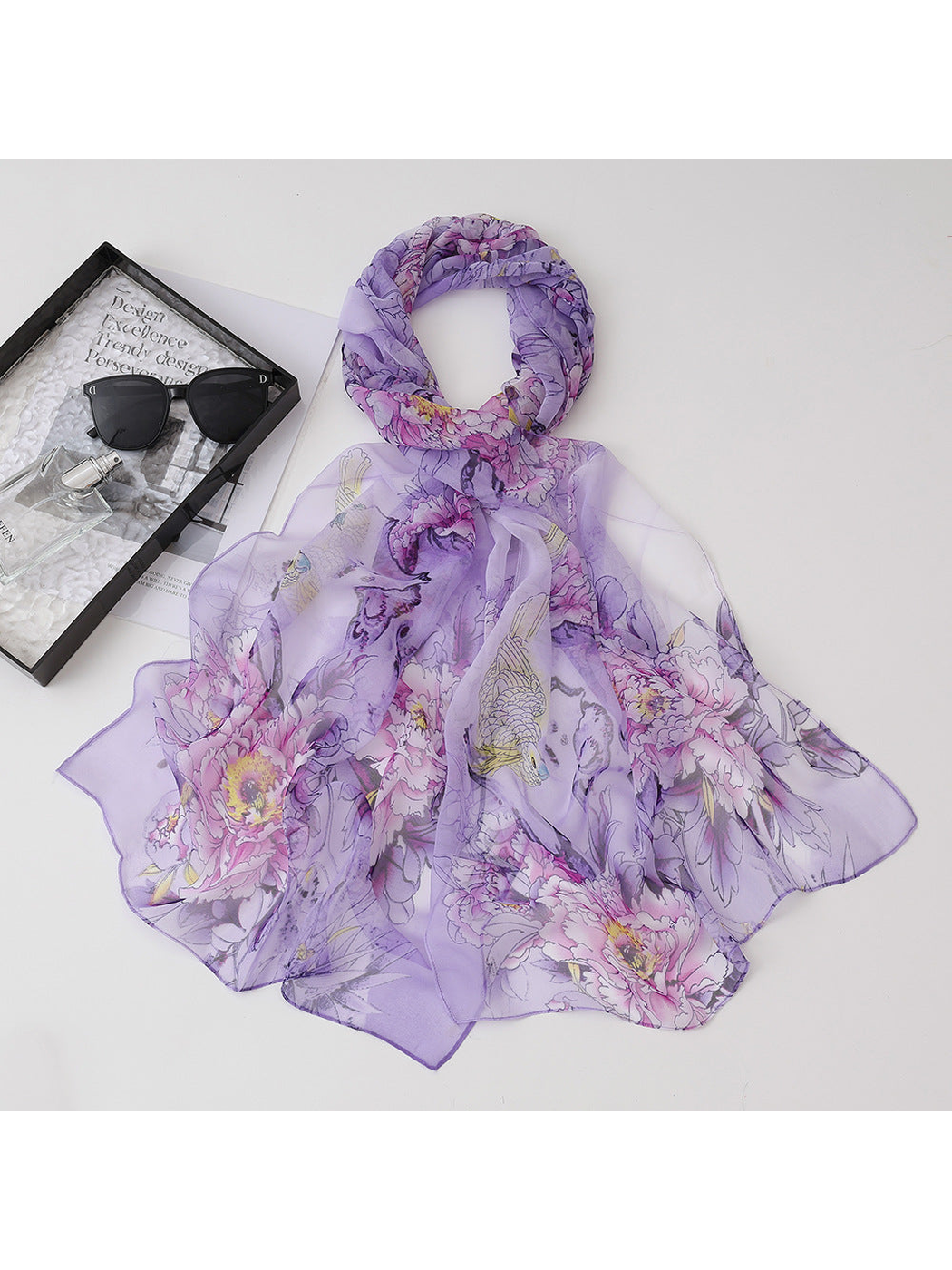 Light purple sheer scarf with floral and koi fish motifs