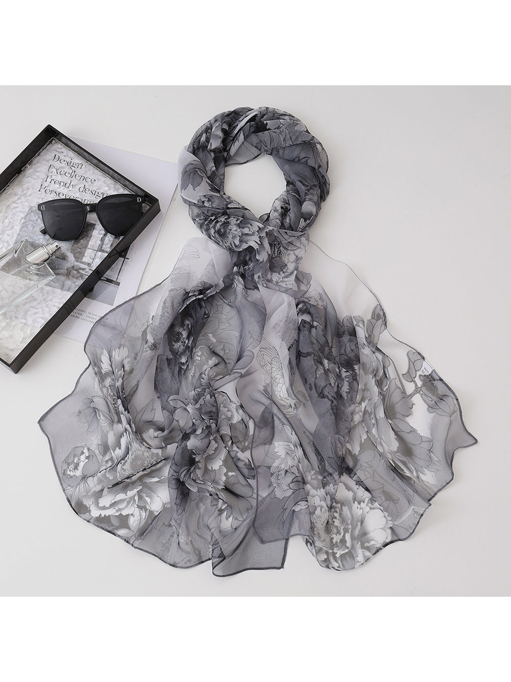Black and gray sheer scarf with floral and koi fish motifs