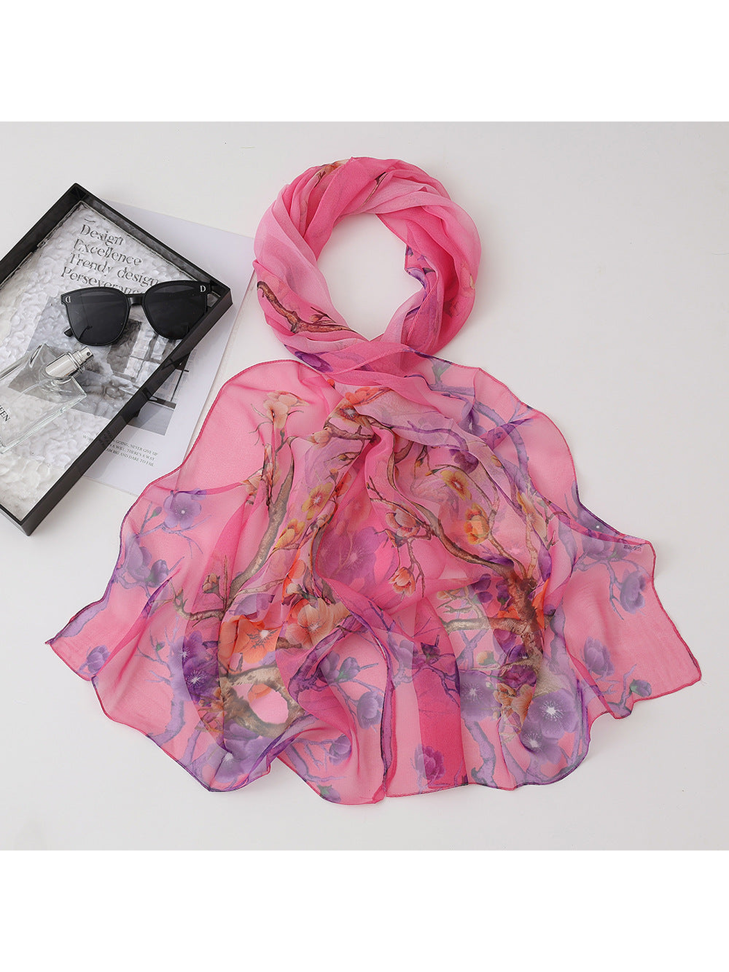 Pink sheer scarf with purple and orange floral branches