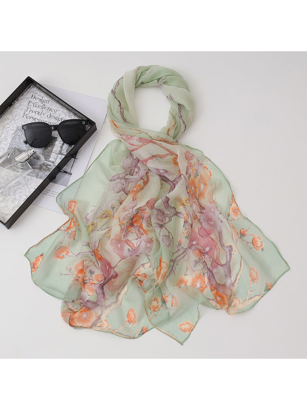 Mint green sheer scarf with pink and orange floral branches
