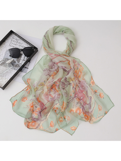 Mint green sheer scarf with pink and orange floral branches