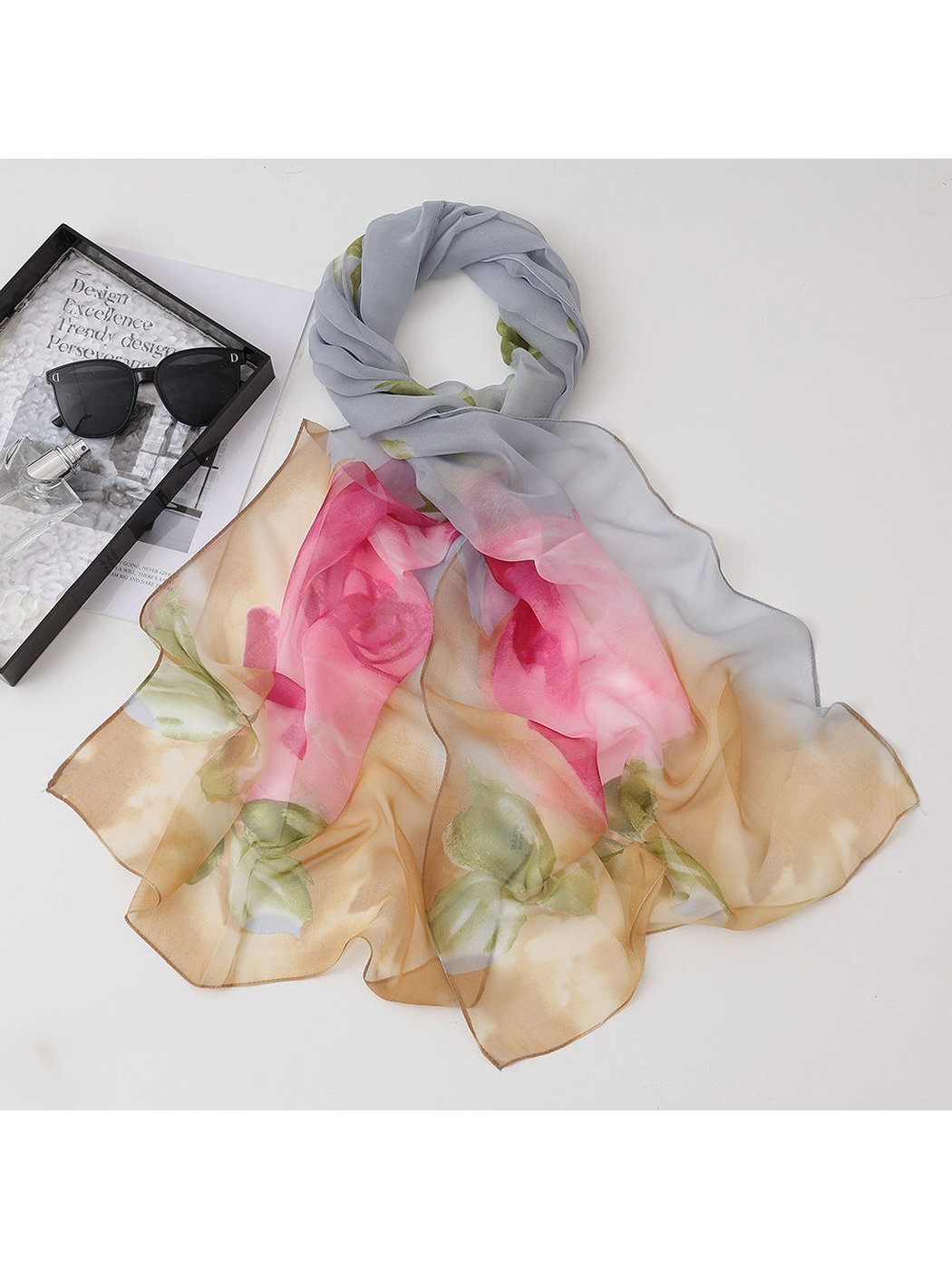 Gray floral scarf with pink blossoms and tan accents