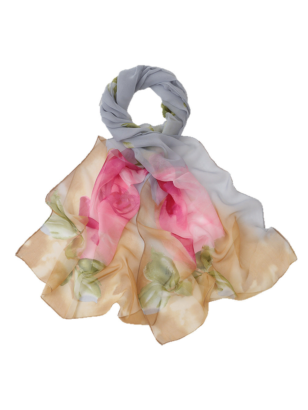 Gray, pink and tan floral scarf arranged on a white background