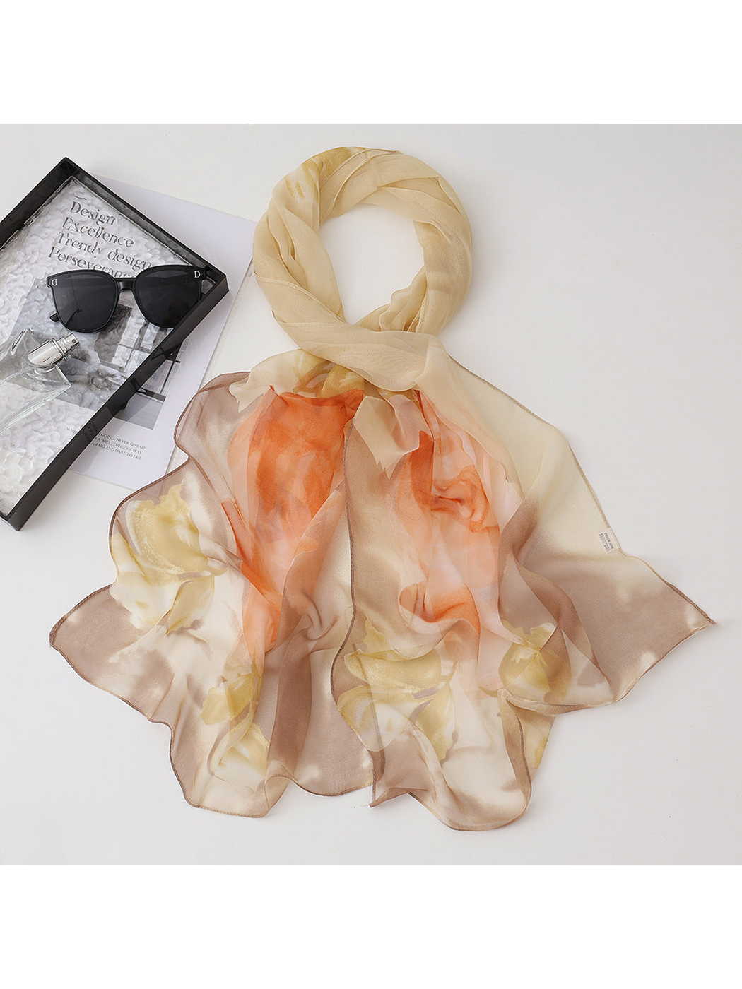 Beige floral scarf with orange and yellow accents