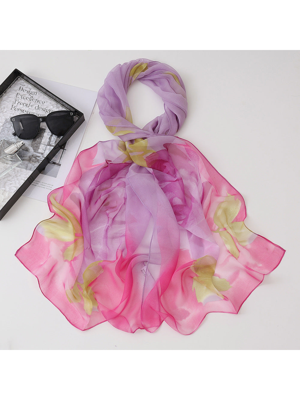 Pink floral scarf with lavender and yellow accents