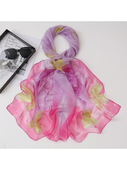 Pink floral scarf with lavender and yellow accents
