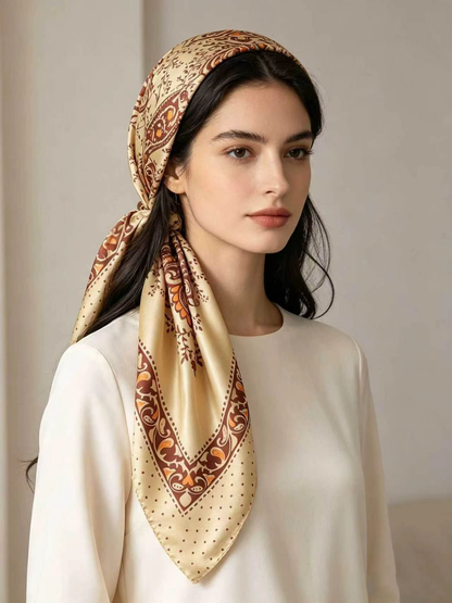 Beige paisley scarf worn over the head and tied at the back