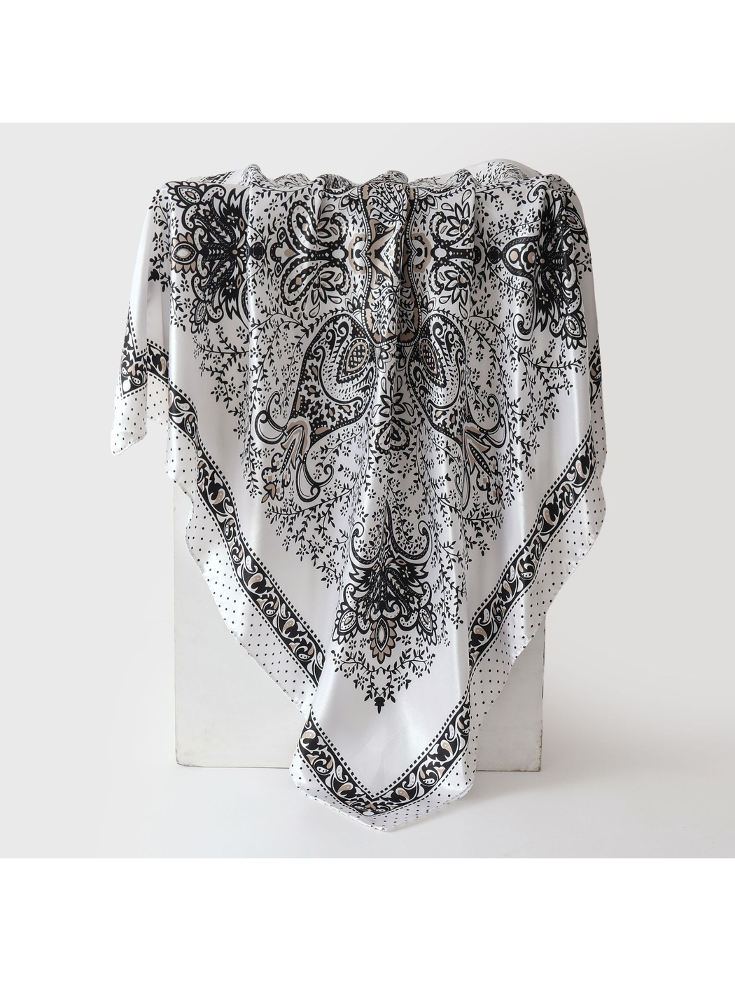 White square scarf with black paisley print and ornamental border