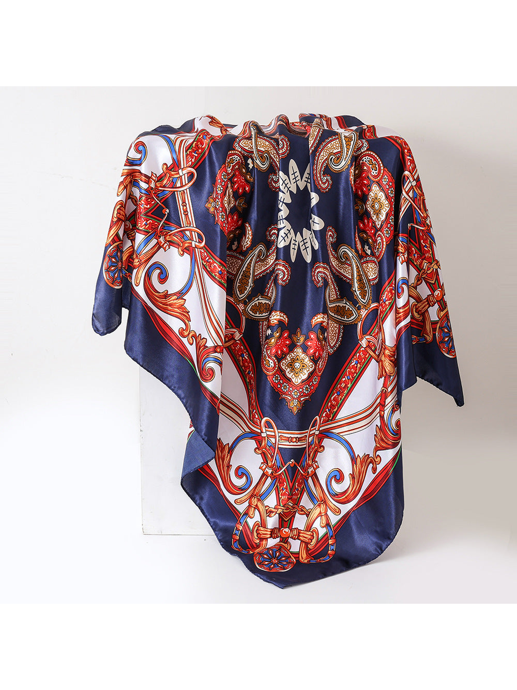 Navy square scarf with paisley and ornamental chain pattern