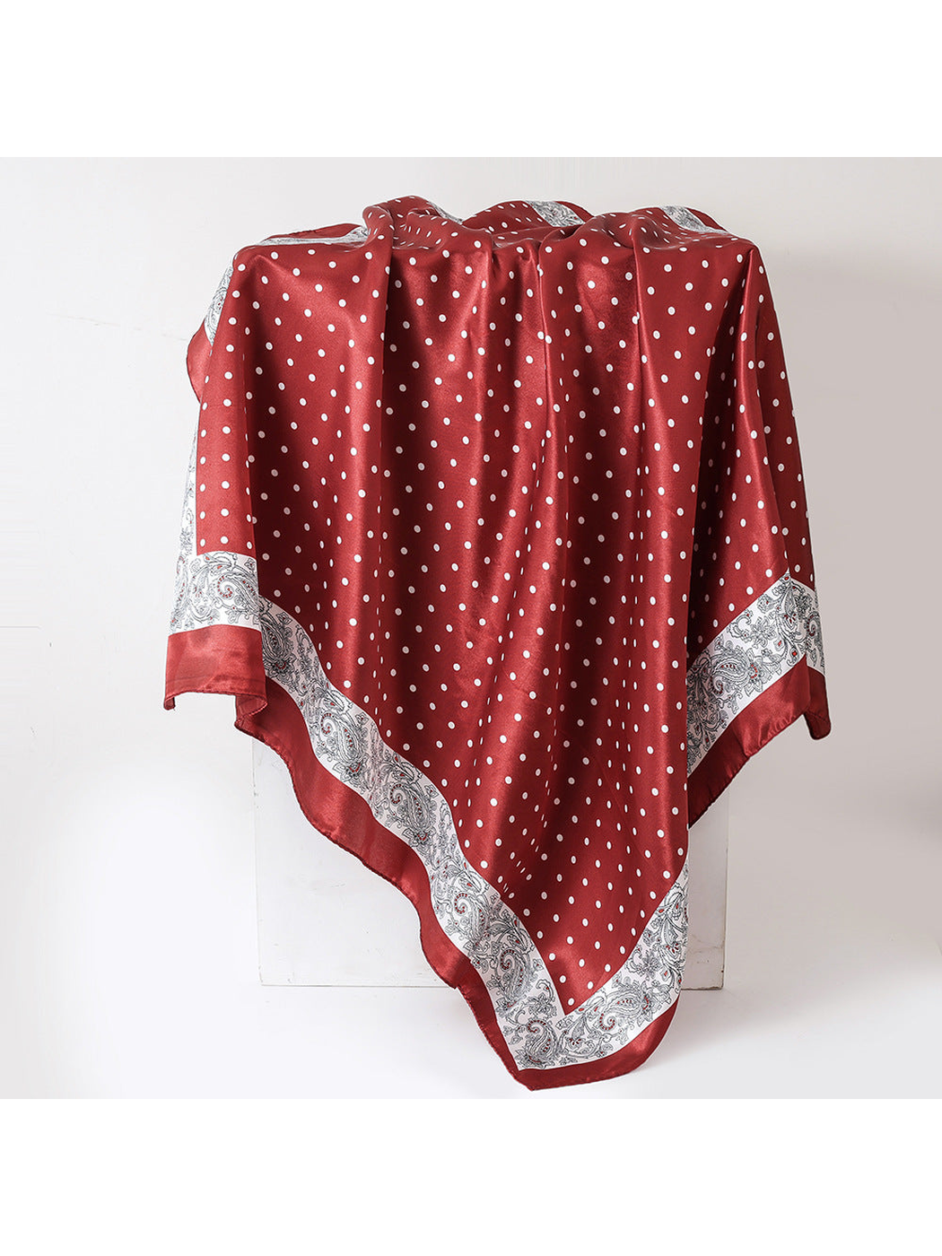 Burgundy square scarf with white polka dots and paisley border