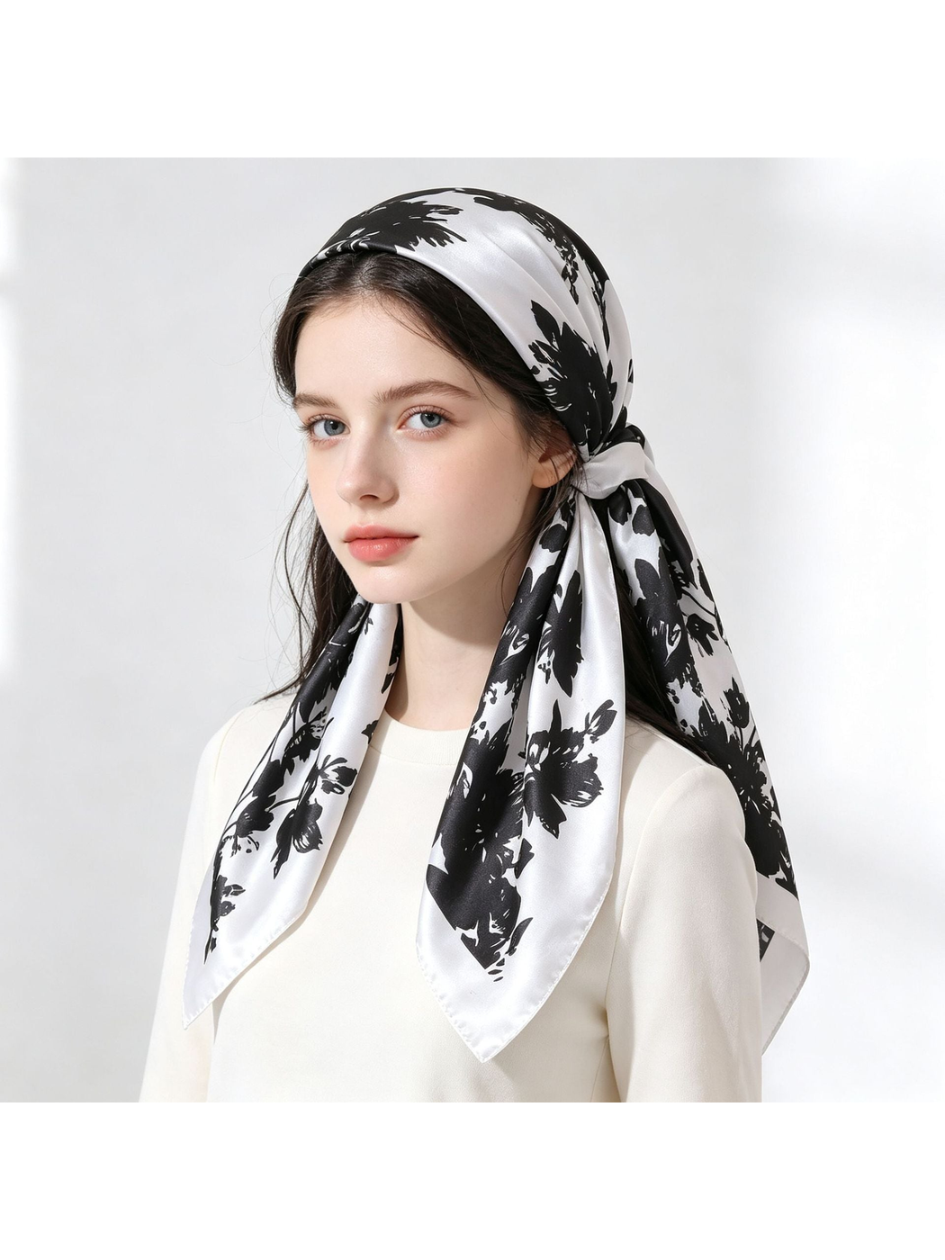 Black-and-white floral square scarf styled as a headscarf with long pointed ends