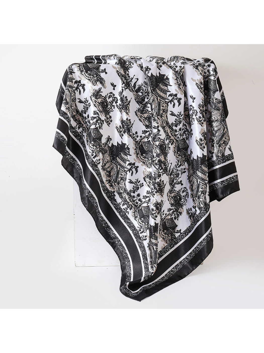 Black and white architectural landscape square scarf displayed in a full draped view