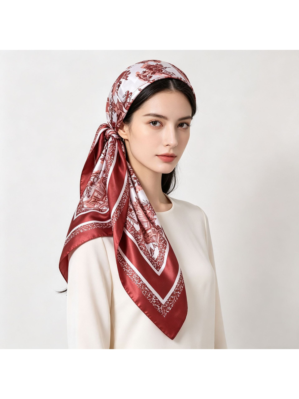 Burgundy architectural-print square scarf tied over the head with pointed ends draped over one shoulder