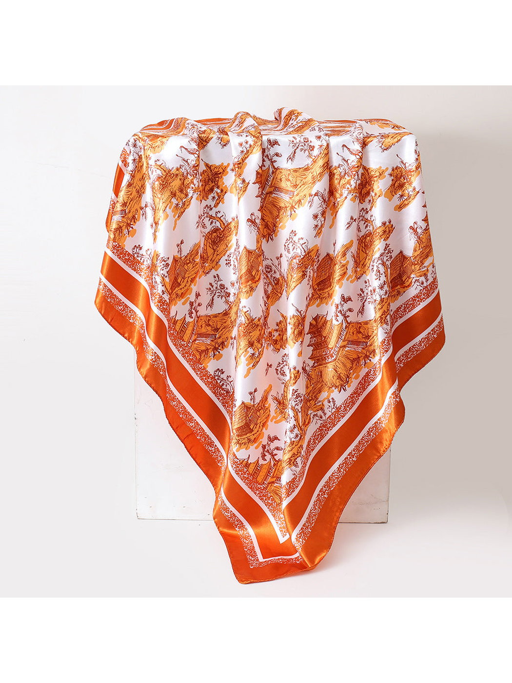 Orange and white architectural landscape square scarf displayed in a full draped view