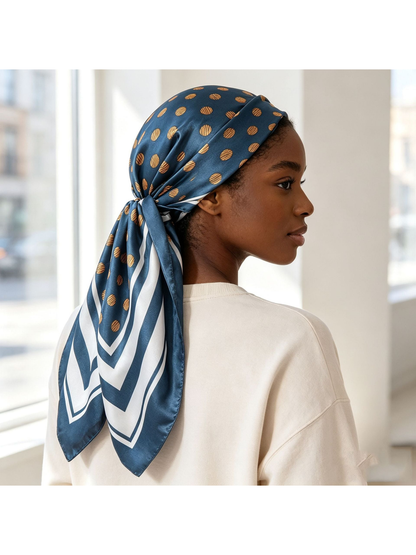 Blue polka-dot scarf tied over the head with pointed ends draped down the back