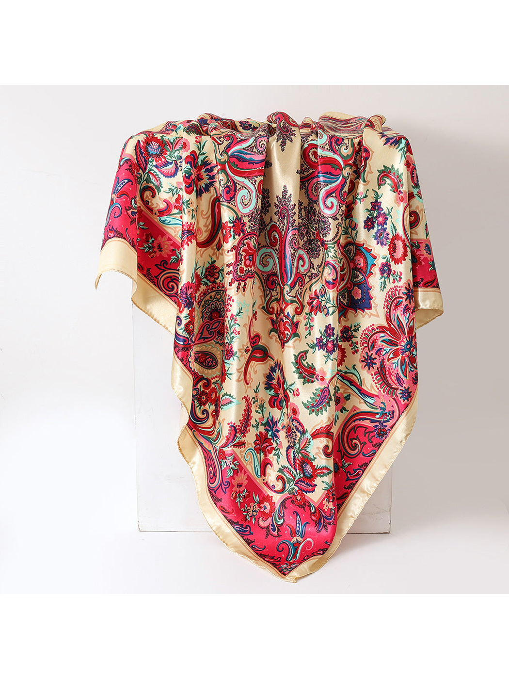 Beige floral paisley square scarf in a full draped view