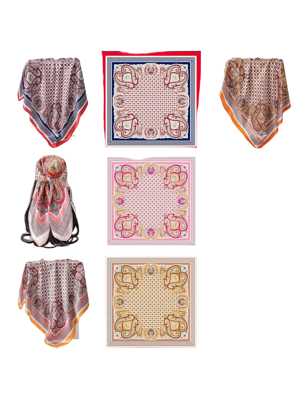 Paisley square scarf colorways shown in draped and flat views