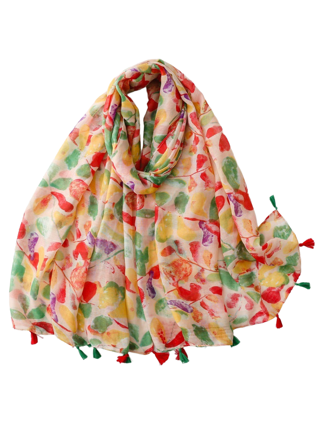 Multicolor abstract leaf print scarf with red and green tassels, draped view