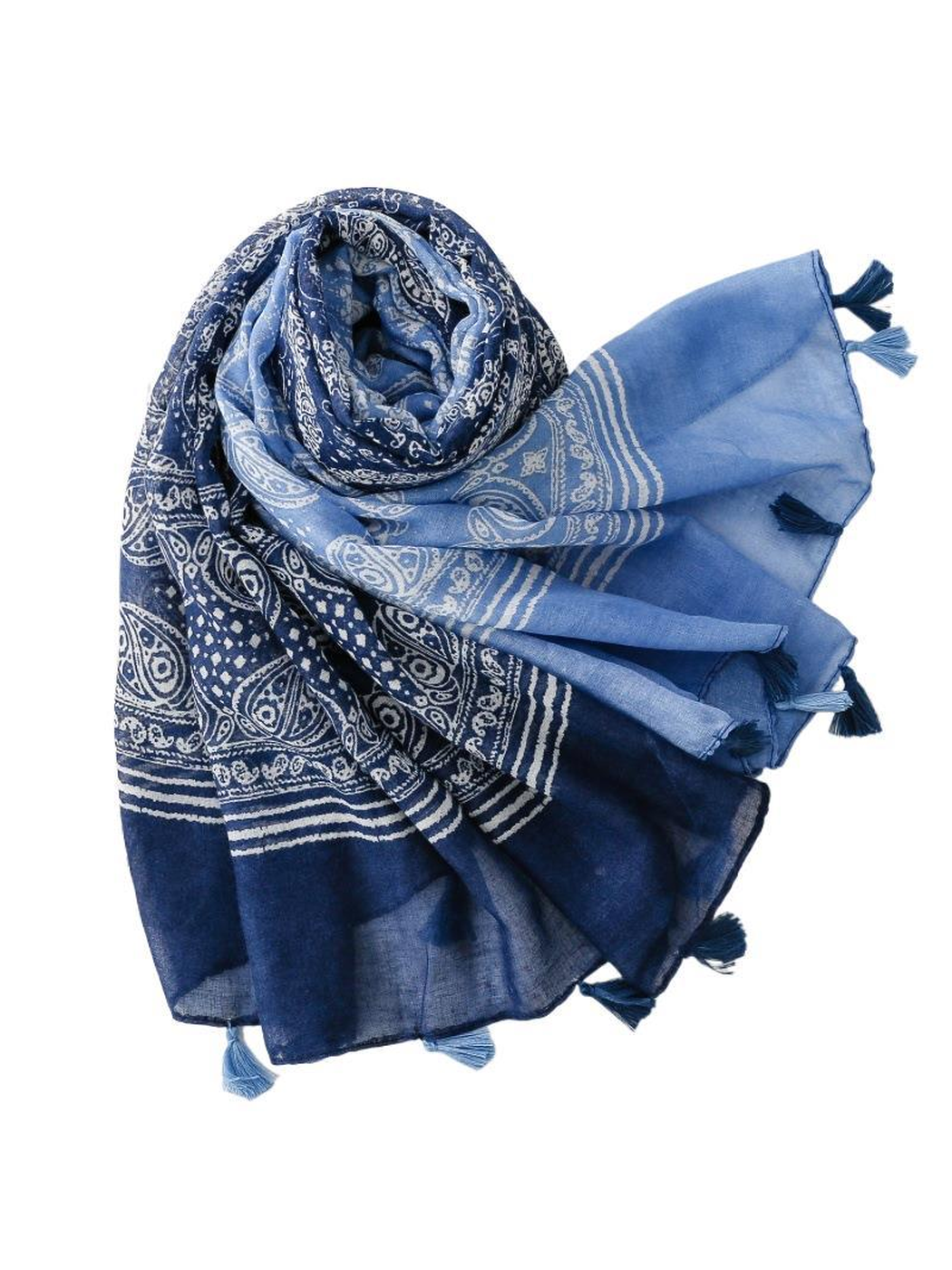 Blue paisley scarf with navy border and tassels, draped view