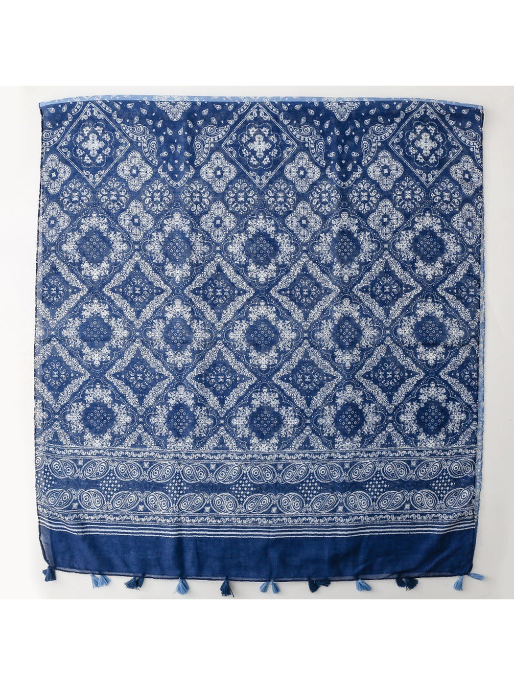 Blue rectangular scarf with paisley and medallion pattern, fully opened