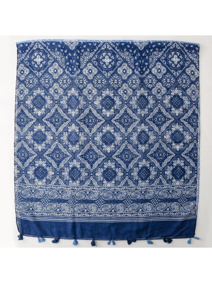 Blue rectangular scarf with paisley and medallion pattern, fully opened