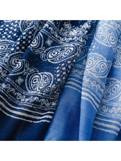 Close-up of navy and light blue paisley border sections