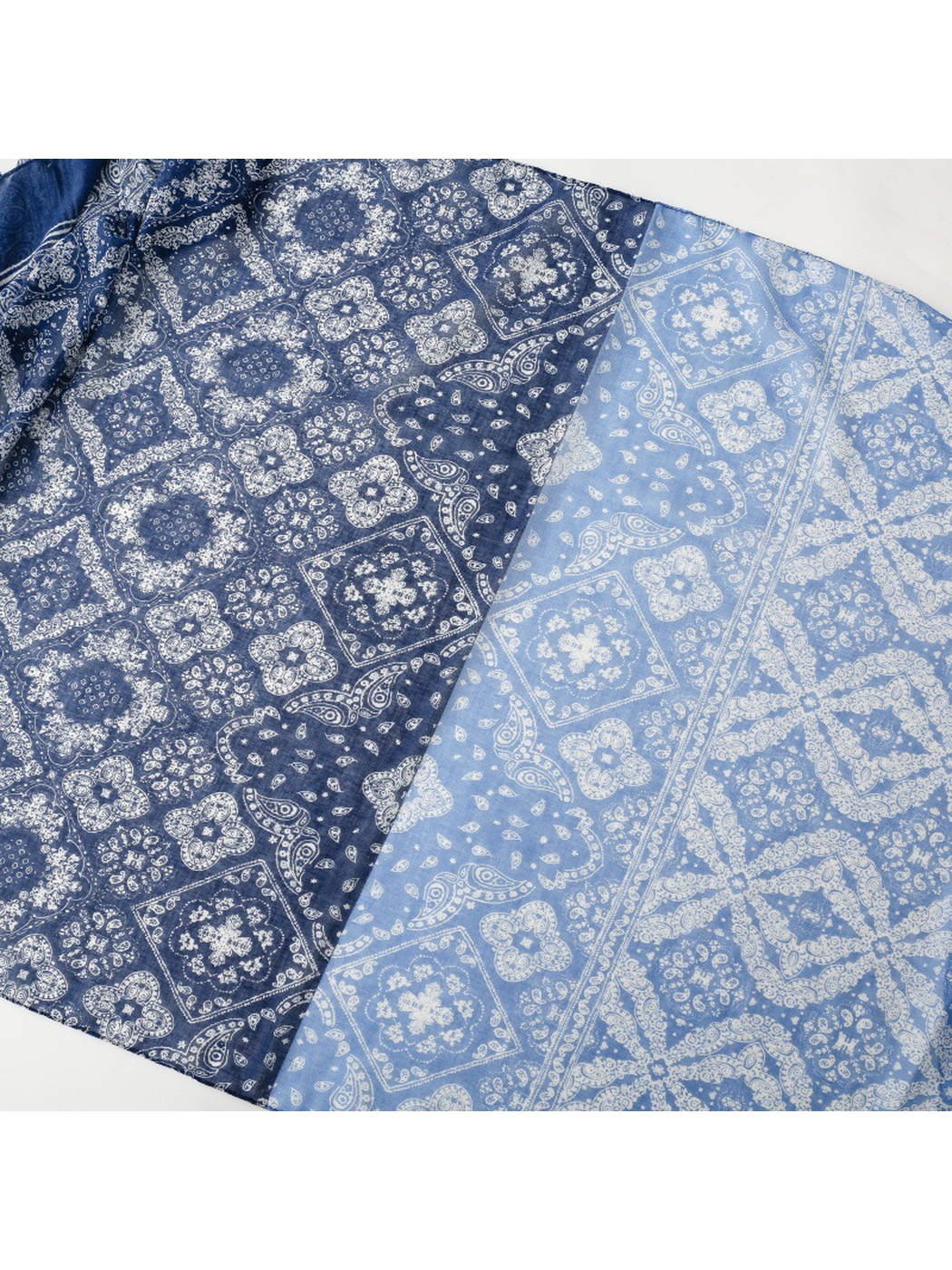 Close-up of the scarf's contrasting blue medallion pattern panels