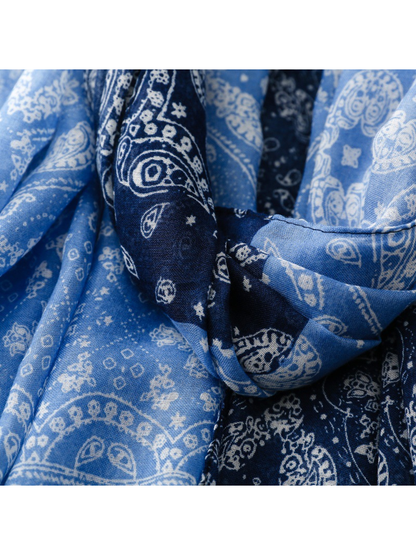 Close-up of layered light blue and navy printed sections