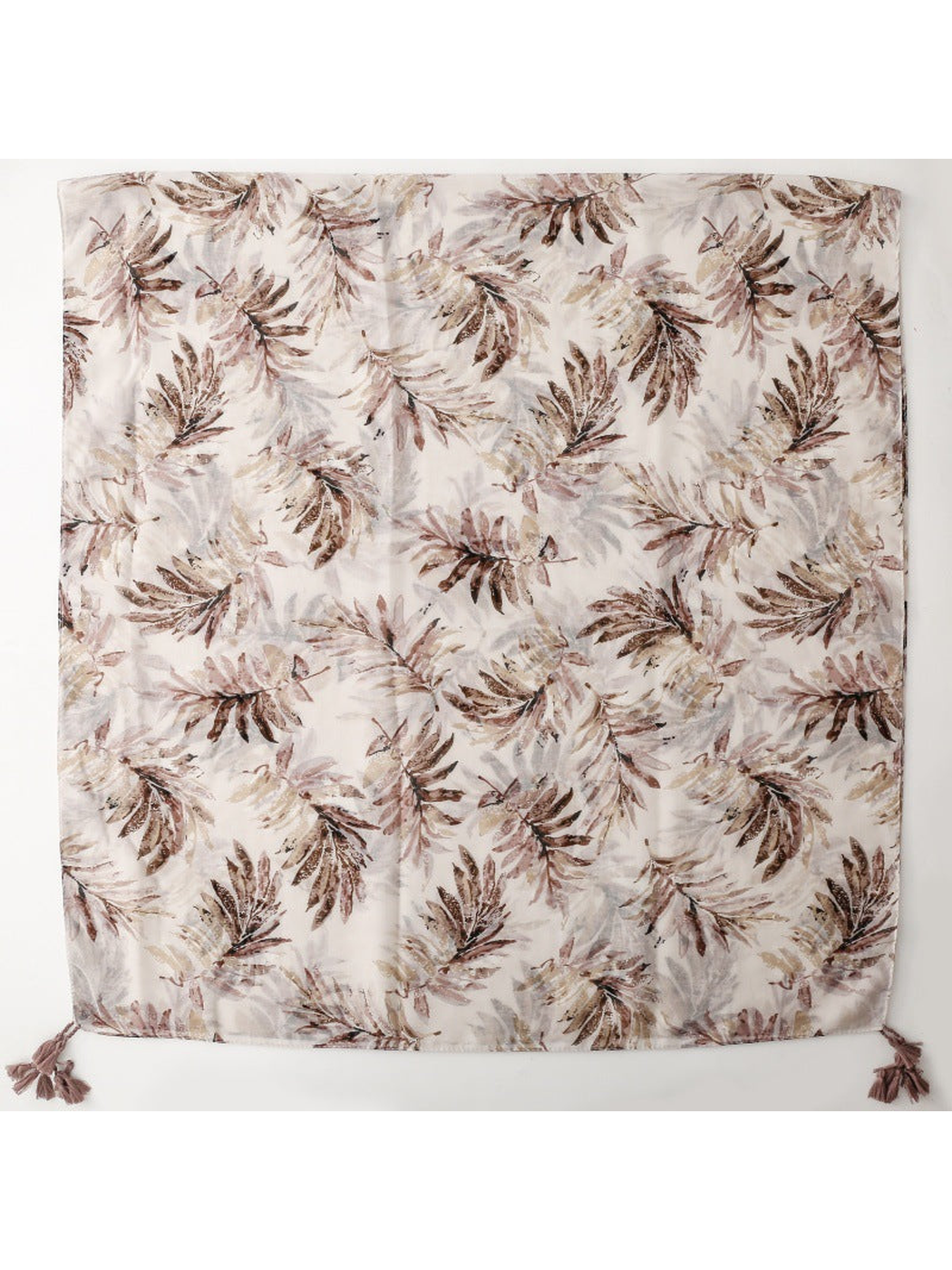 Ivory square scarf with muted botanical leaf print and corner tassels, flat view