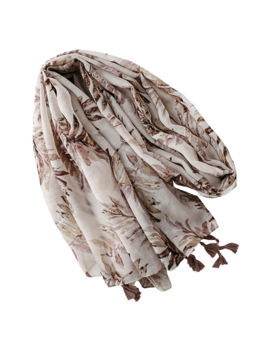 Ivory botanical-print scarf arranged in a flowing draped view