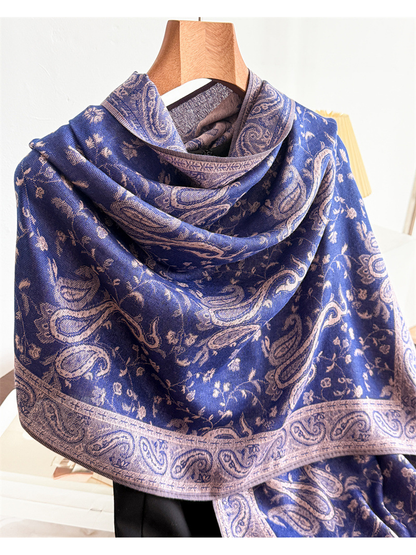 Close-up of the navy scarf's paisley motifs, floral vines and border
