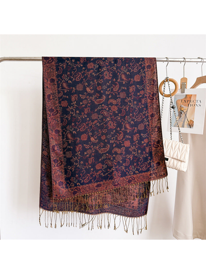 Navy paisley scarf displayed flat with a burgundy border and twisted fringe