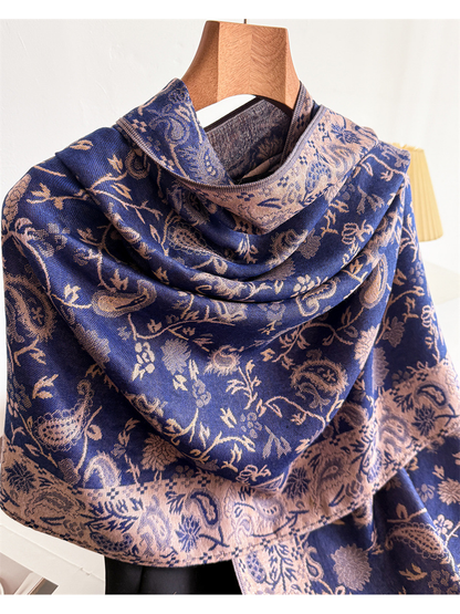 Close-up of the royal blue scarf drape, paisley motifs and contrasting border