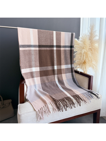 Chocolate brown, blush and gray plaid scarf with fringe, full view