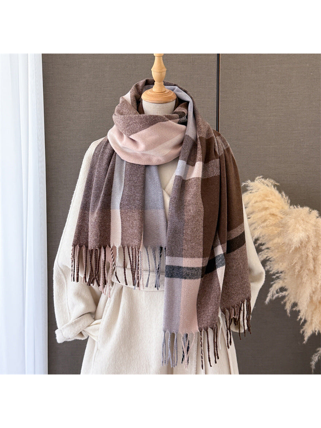 Brown, blush and gray plaid scarf styled on a dress form