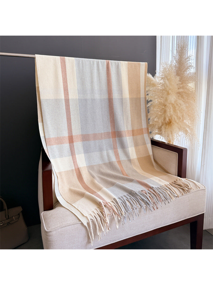 Khaki, cream and gray plaid scarf with fringe, full view