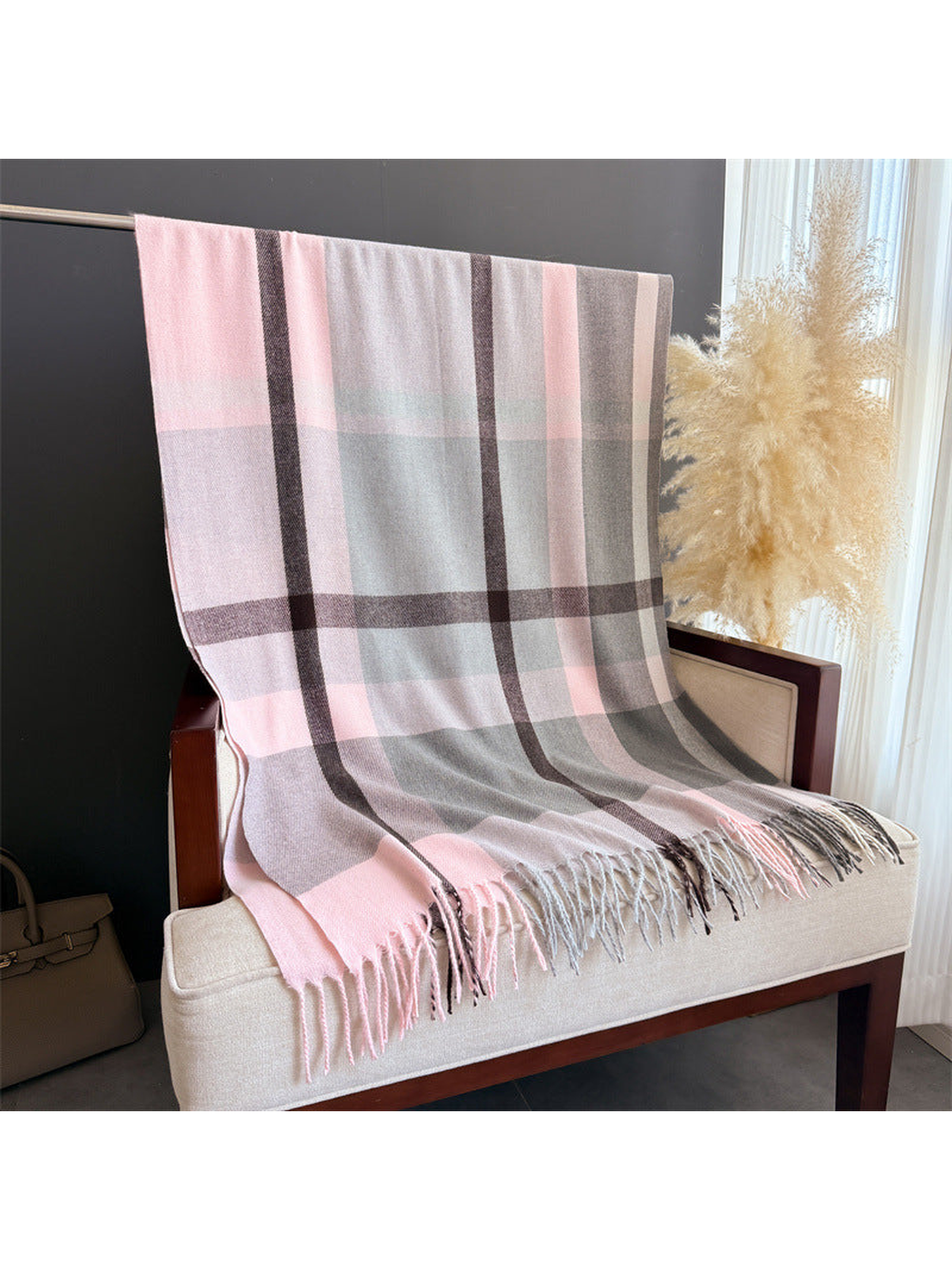 Blush pink and gray plaid scarf with fringe, full view
