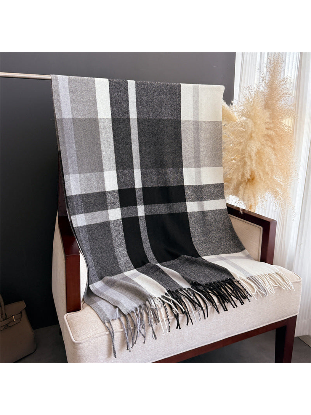 Black, gray and cream plaid scarf with fringe, full view