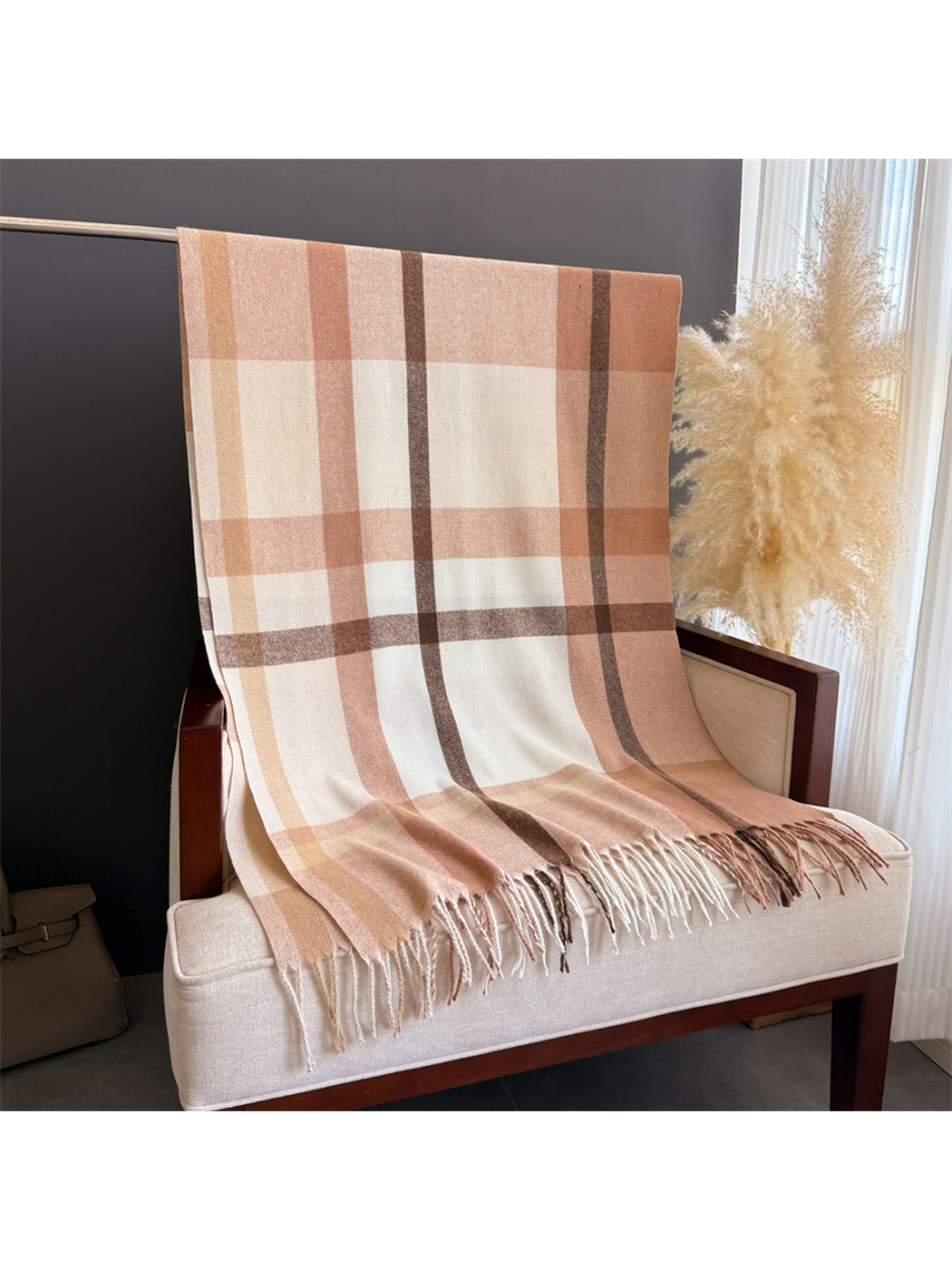 Coffee brown and cream plaid scarf with fringe, full view
